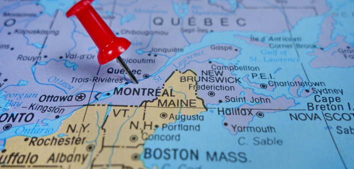 pushpin marking on Montreal map