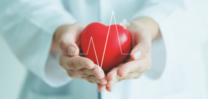 Female medical doctor holding red heart shape in hand with graphic of heart beat, cardiology and insurance concept