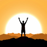 illustration man holding up arms at sunrise