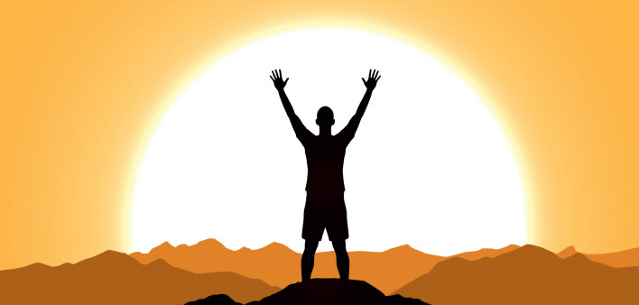 illustration man holding up arms at sunrise