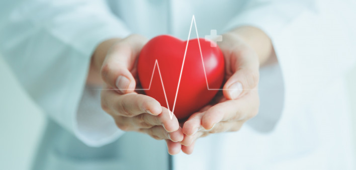 Female medical doctor holding red heart shape in hand with graphic of heart beat, cardiology and insurance concept