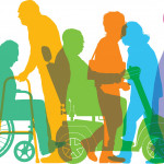 illustration of elderly with mobility issues can walker scooter