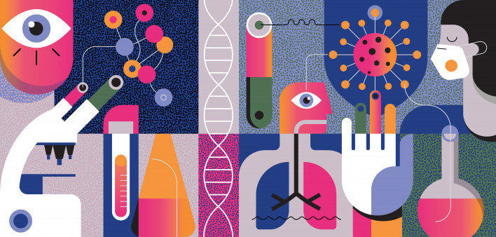 Vector illustration with a touch of 80’s style depicting COVID-19 concept