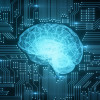 Blue digital computer brain on circuit board with glows and flares