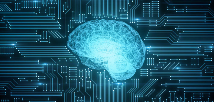 Blue digital computer brain on circuit board with glows and flares