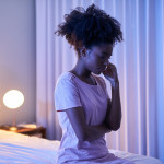 Cropped shot of a young woman sitting alone in her bedroom insomnia
