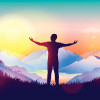 Silhouette of man outstretched arms sunrise mountains illustraion
