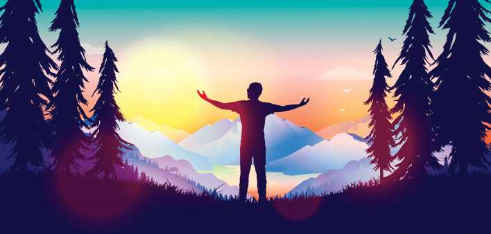 Silhouette of man outstretched arms sunrise mountains illustraion