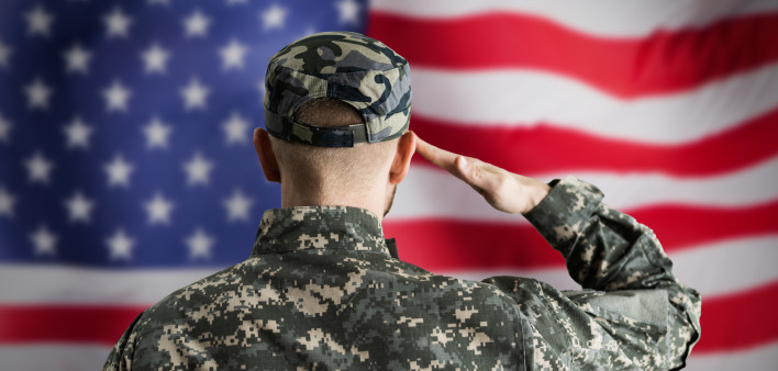 Military US Soldier Saluting Flag. Army Veteran