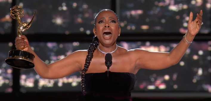 Actress Sheryl Lee Ralph accepts an Emmy for Outstanding Supporting Actress in a Comedy Series for her role in “Abbott Elementary,” Sept. 12, 2022.
