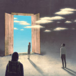 three figures in empty room looking at door to clouds painting