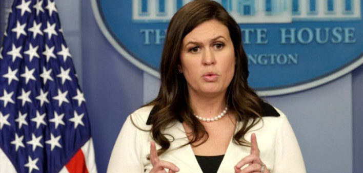 Sarah Huckabee Sanders, pictured in 2017 as the White House press secretary during the Trump administration