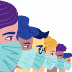 A group of people wearing a protective medical mask to prevent coronavirus.