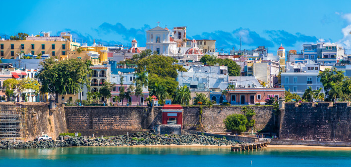 Colorful, historical buildings on the coast of Old San Juan, Puerto Rico