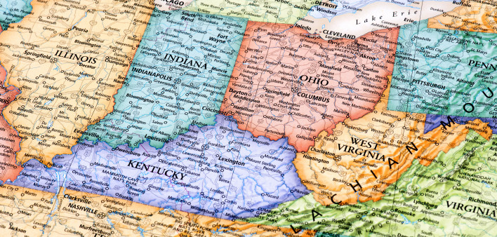 Map of Ohio, Indiana, West Virginia, Kentucky and Illinois
