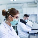 Team of experienced biologists working on microscopes in laboratory