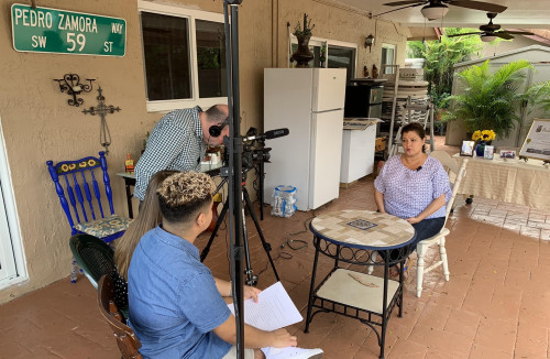 The documentary crew interview Pedro Zamora's sister Mily.