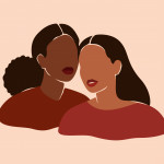 Two beautiful black women stand together. Strong African American girls side by side. Sisterhood and females friendship.