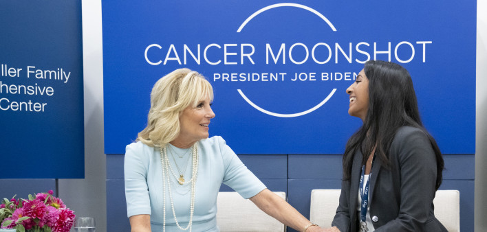 First Lady Jill Biden and clinical trials navigator Kami Pullakhandam speak about breast cancer research October 7, 2022, at UCSF.