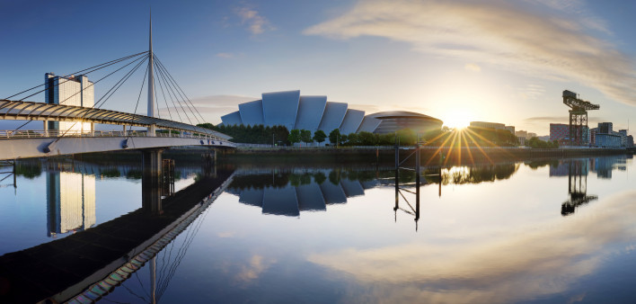 The modern skyline of Glasgow's River Clyde at dawn