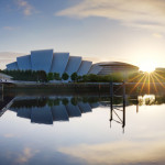 The modern skyline of Glasgow's River Clyde at dawn