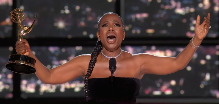 Actress Sheryl Lee Ralph accepts an Emmy for Outstanding Supporting Actress in a Comedy Series for her role in “Abbott Elementary,” Sept. 12, 2022.