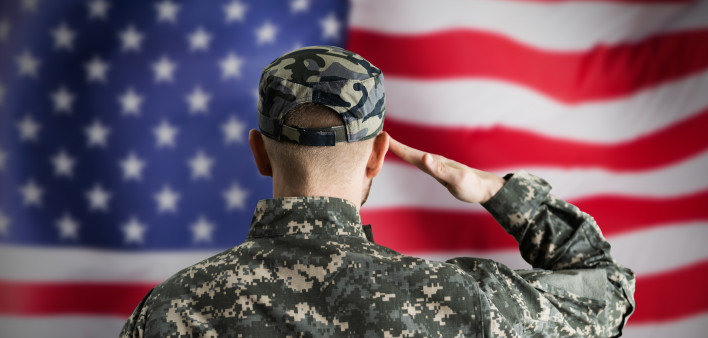 Military US Soldier Saluting Flag. Army Veteran