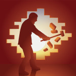 Escape concept with a man who regains freedom by breaking a wall.
