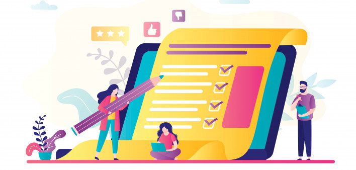 illustration of figures checking items on giant list