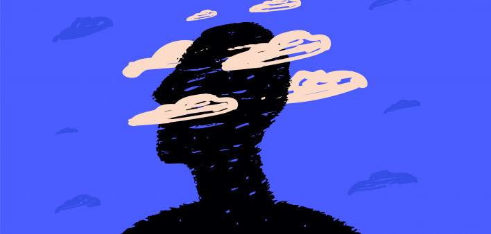A black silhouette of a head surrounded by clouds, a symbol of postcovid syndrome, brain fog