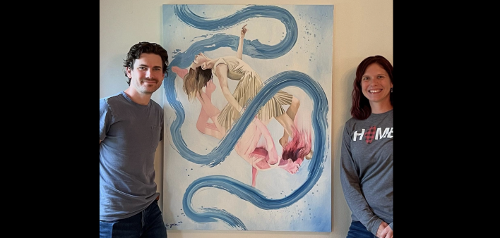 Artist Chris Geier with the oil painting Time Enough to Last and inspiration Brittany Long, survivor of stage 3 triple negative breast cancer