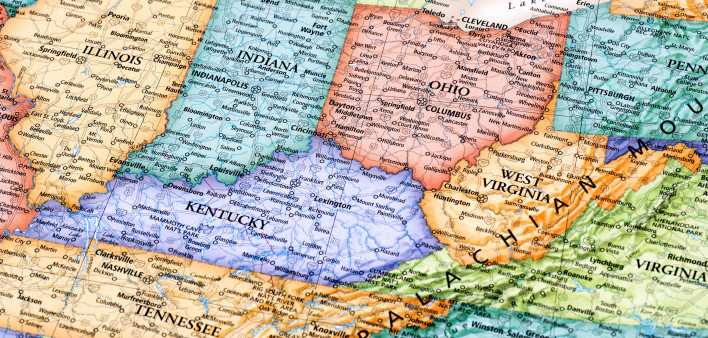 Map of Ohio, Indiana, West Virginia, Kentucky and Illinois
