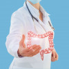 doctor holding a virtual intestine illustration