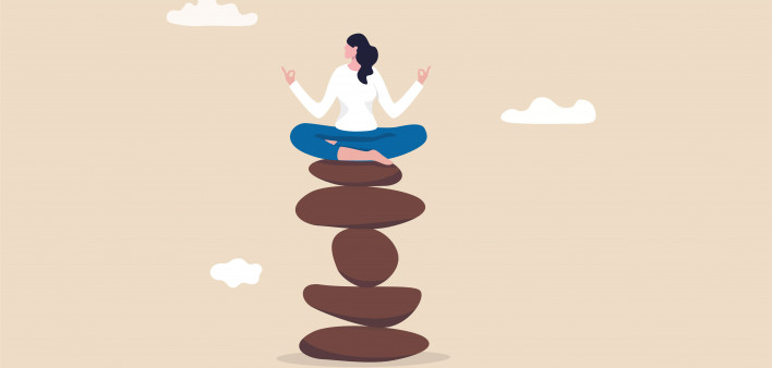 illustration woman meditating balance on rocks
