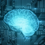 Blue digital computer brain on circuit board with glows and flares