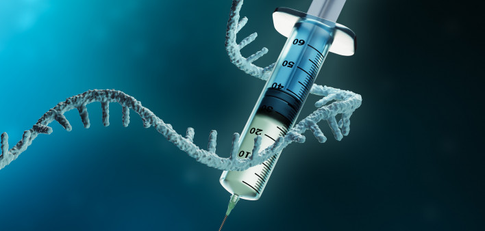Coronavirus or sars-cov-2 virus cell with messenger RNA or mRNA and syringe