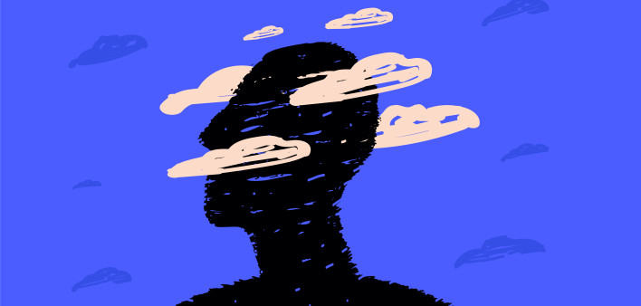 A black silhouette of a head surrounded by clouds, a symbol of postcovid syndrome, brain fog