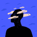 A black silhouette of a head surrounded by clouds, a symbol of postcovid syndrome, brain fog