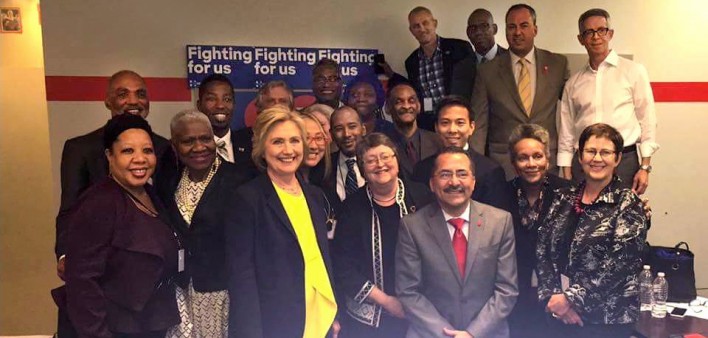 Hillary Clinton meets with AIDS activists at her campaign headquarters in Brooklyn, NY.
