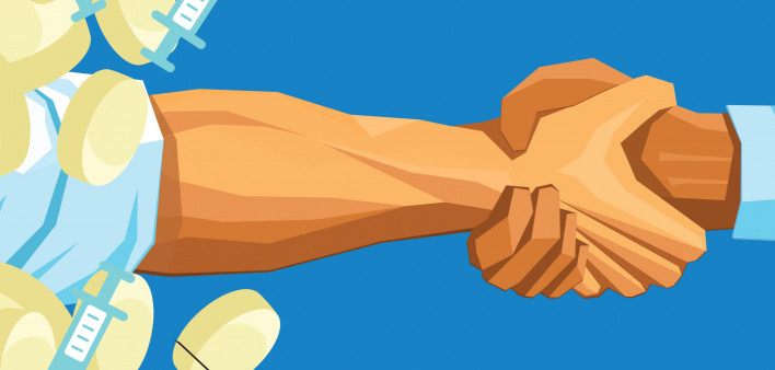 illustration addiction hand pulls another from a pile of pills and syringes