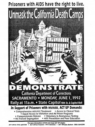 Graphic from a 1992 ACT UP flyer bringing attention to prisoners with AIDS, an issue important to Mary Lucey and Nancy Jean MacNeil