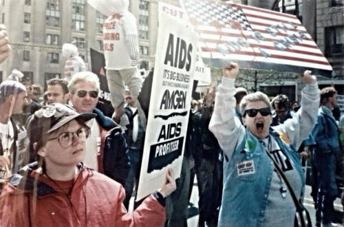 Lori Avila and Nancy Jean MacNeil at the Pharmaceutical Manufacturers Association action during the 1993 March on Washington
