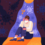 A person who is afraid of being infected with COVID-19. He suffers from depression, panic and fear. Self-isolation and loneliness destroy his personality.