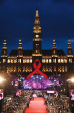 The red ribbon covers Vienna City Hall’s facade