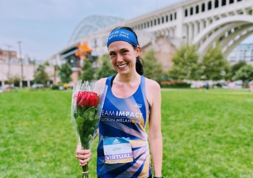 Melanoma survivor and advocate Leah Adams ran the Virtual Boston Marathon in Cleveland, Ohio.