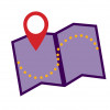 map with dotted line and location indicatior