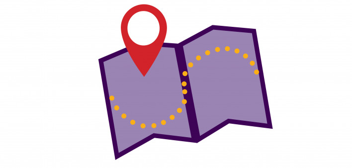 map with dotted line and location indicatior
