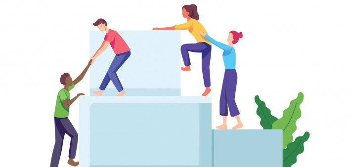 illustration of two men and two women climing blocks