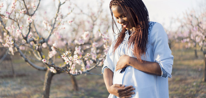 Portrait of a beautiful, young African woman enjoying her pregnancy at the orchard in bloom.