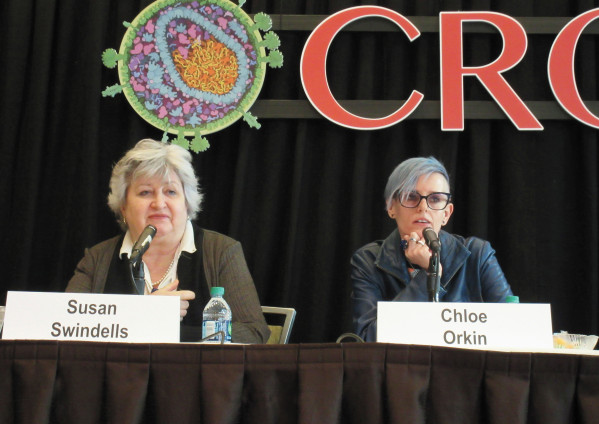 Susan Swindells (left) and Chloe Orkin present results from  the ATLAS and FLAIR trials.